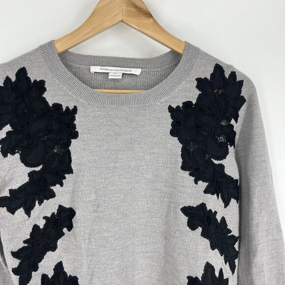 Diane Von Furstenberg Sweater Size Medium Gray Doreen Wool Stretch Floral DVF - Picture 2 of 9